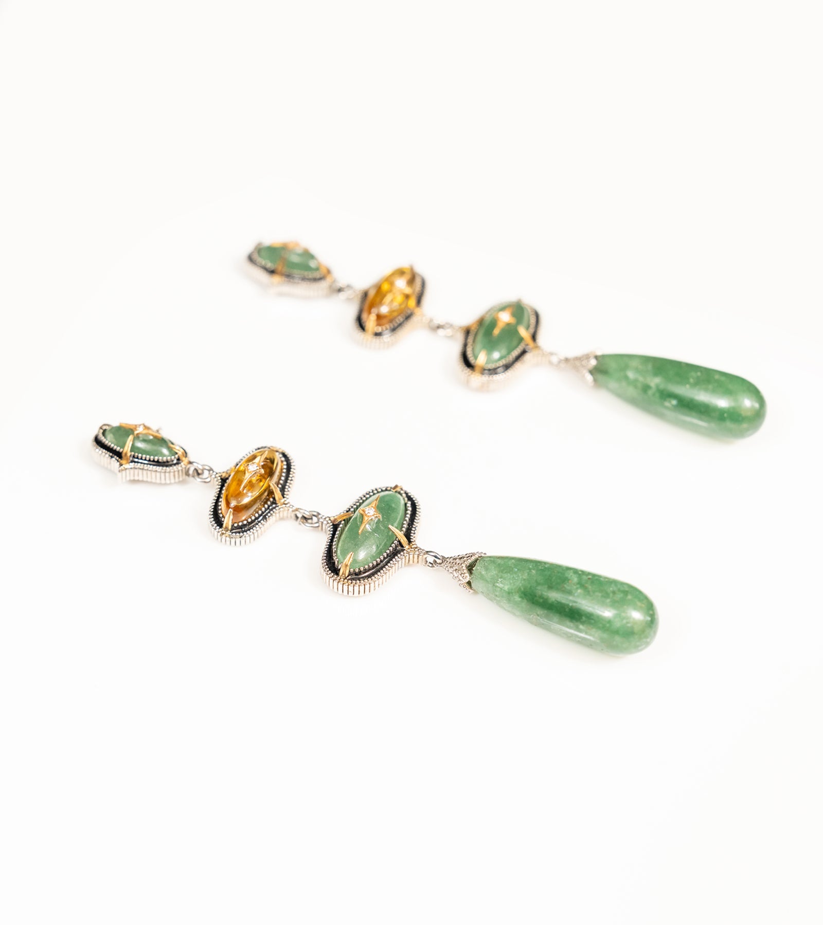 Detail of the long aventurine drop finishing the Miral Danglers
