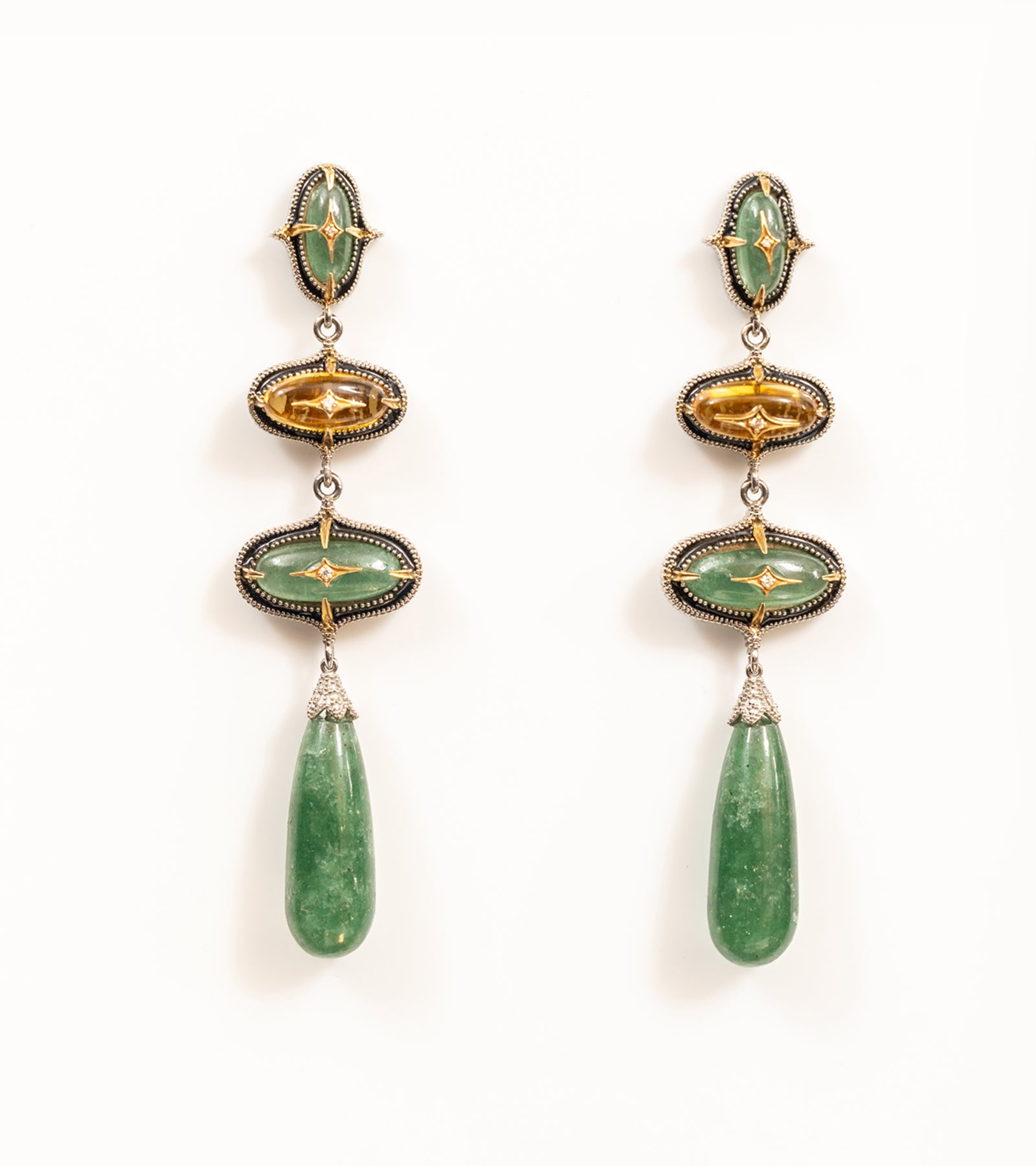 Miral Danglers with three tiers of natural aventurine and crafted topaz in silver milgrain settings with gold star motifs