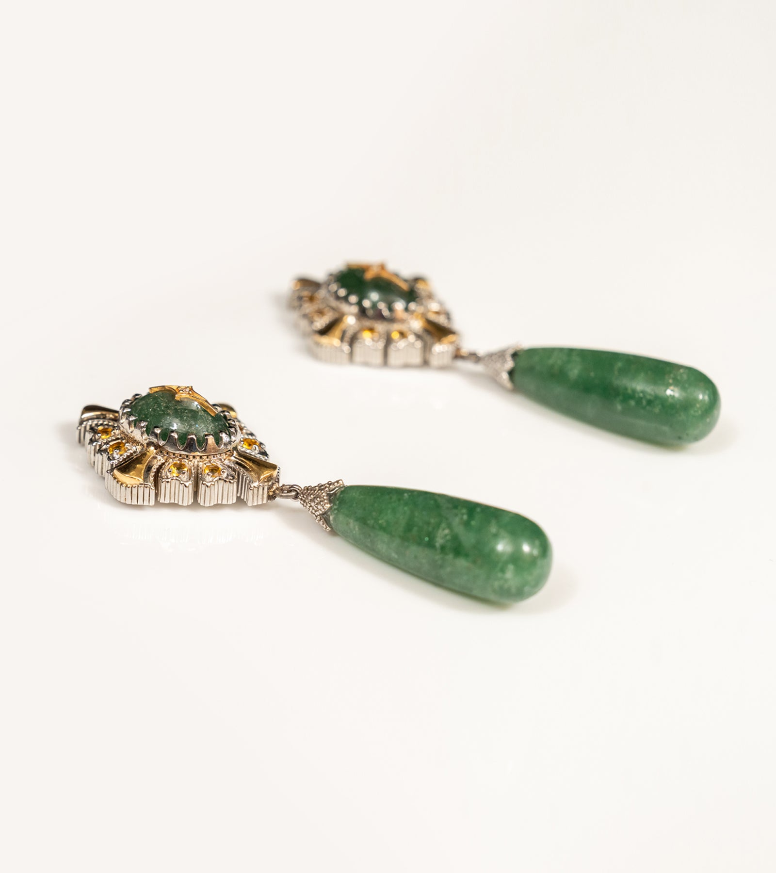 Detail of the long aventurine drop on the Neelima Earrings