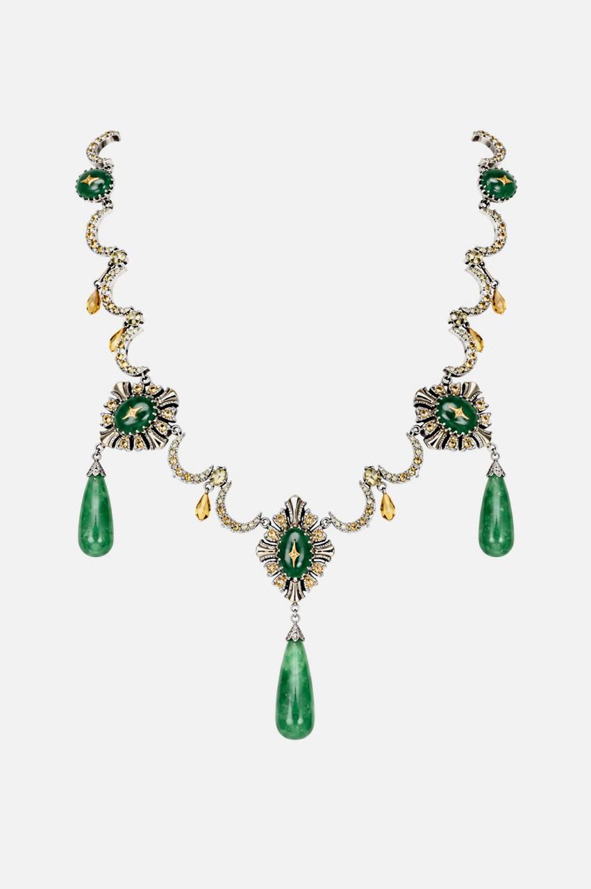 Detail of the central aventurine stone and crafted yellow citrine on the Neelima Necklace