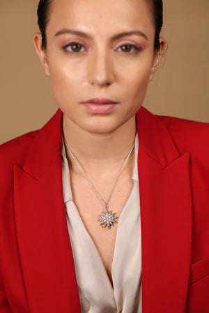 Nova Necklace worn as an everyday signature piece with a crisp shirt