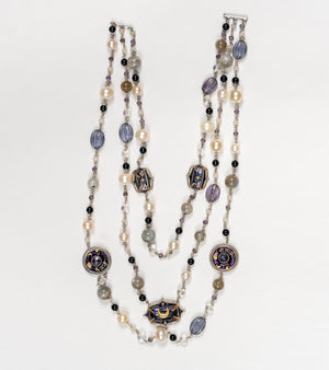 Detail of the hand-strung onyx, crystal, and pearl strands on the Prive Necklace