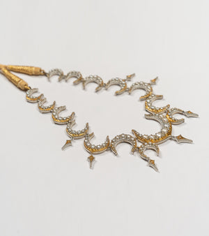 Ragini Necklace with a crescent motif in black hand-painted enamel, diamonds, and soft China pearls in sterling silver