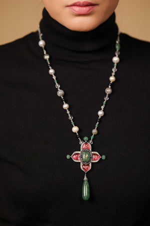 Rangoon Necklace worn with a simple neckline, letting the pendant lead