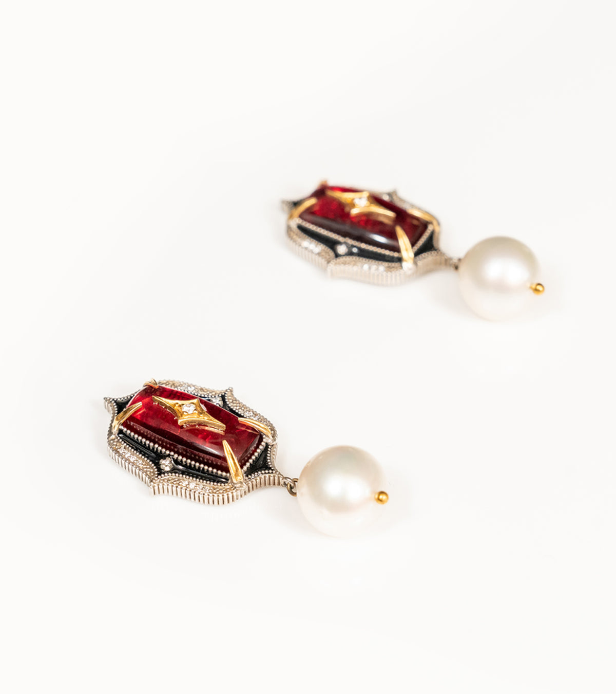Detail of the South Sea pearl drop on the Rewa Earrings