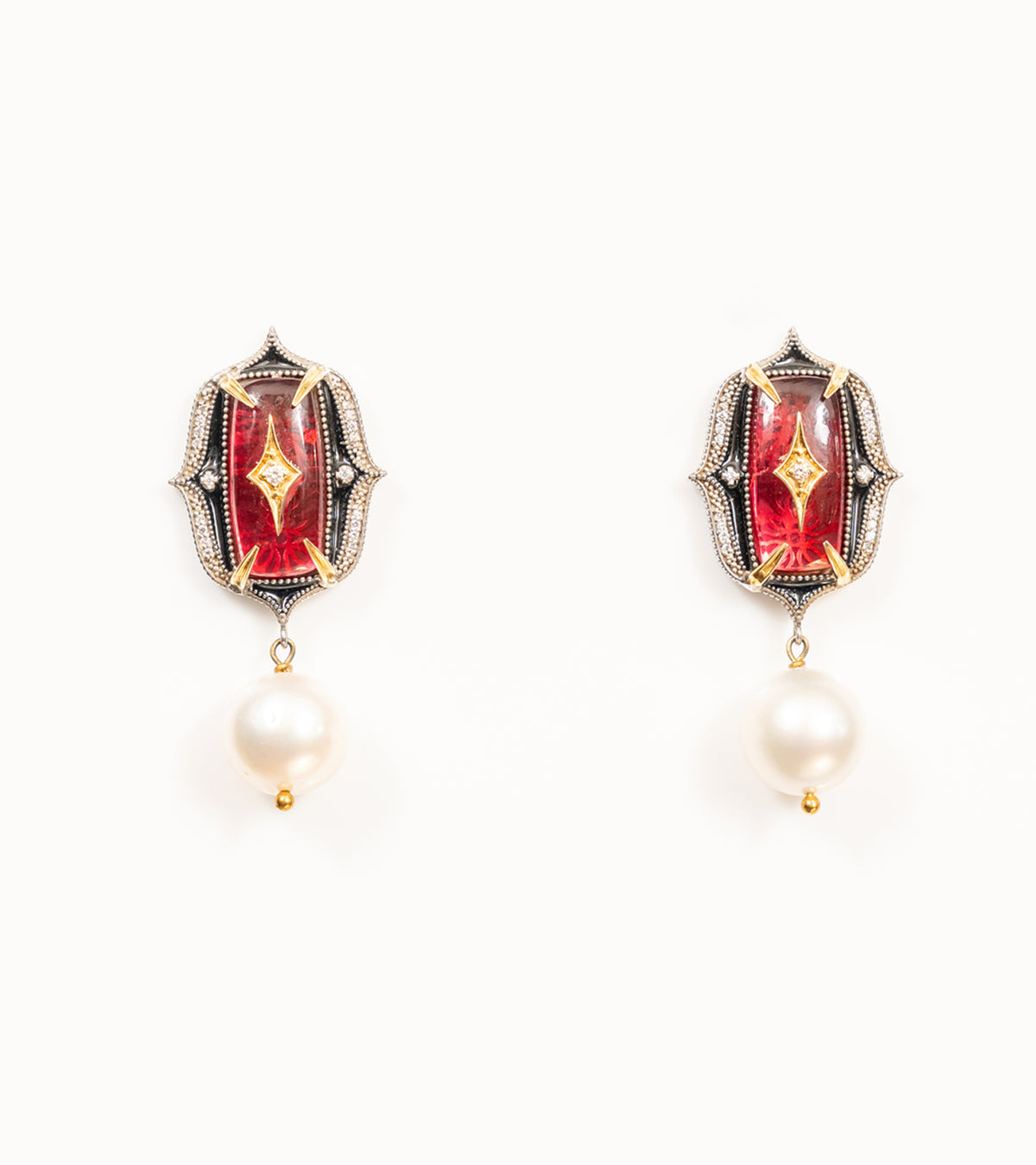 Rewa Earrings in silver with 18K gold accents, rose crystal stones, FG VS diamonds, black enamel, and South Sea pearl drops