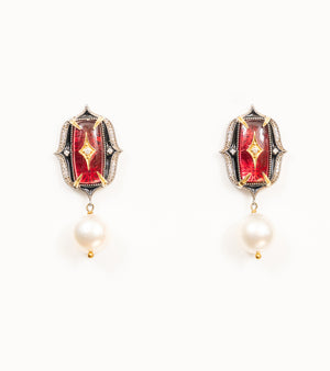 Rewa Earrings in silver with 18K gold accents, rose crystal stones, FG VS diamonds, black enamel, and South Sea pearl drops