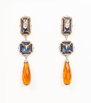 Rumi Earrings with sculptural danglers in deep blue kyanite and yellow topaz crystal drops, set with Polki diamonds and gold accents