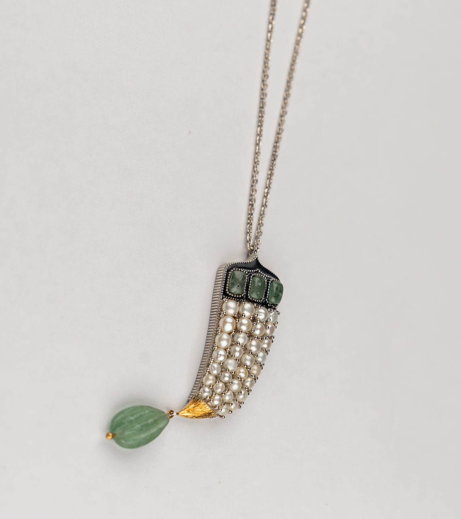 Sage Pendant inspired by the Indian cornucopia motif, handcrafted with natural green aventurine, Japanese pearls, and sterling silver