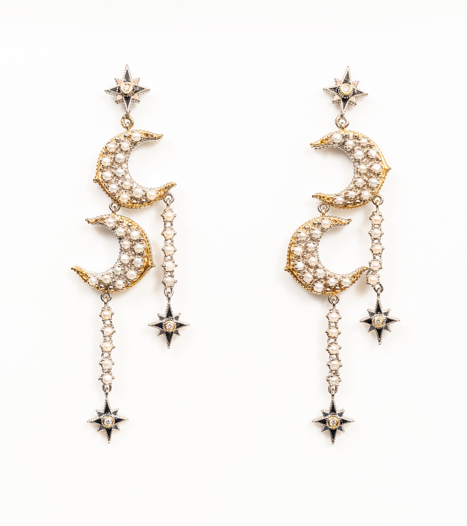 Sana Earrings with graceful star motifs set with FG VS diamonds, silver danglers, and delicate Japanese pearls