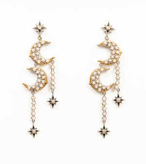 Sana Earrings with graceful star motifs set with FG VS diamonds, silver danglers, and delicate Japanese pearls