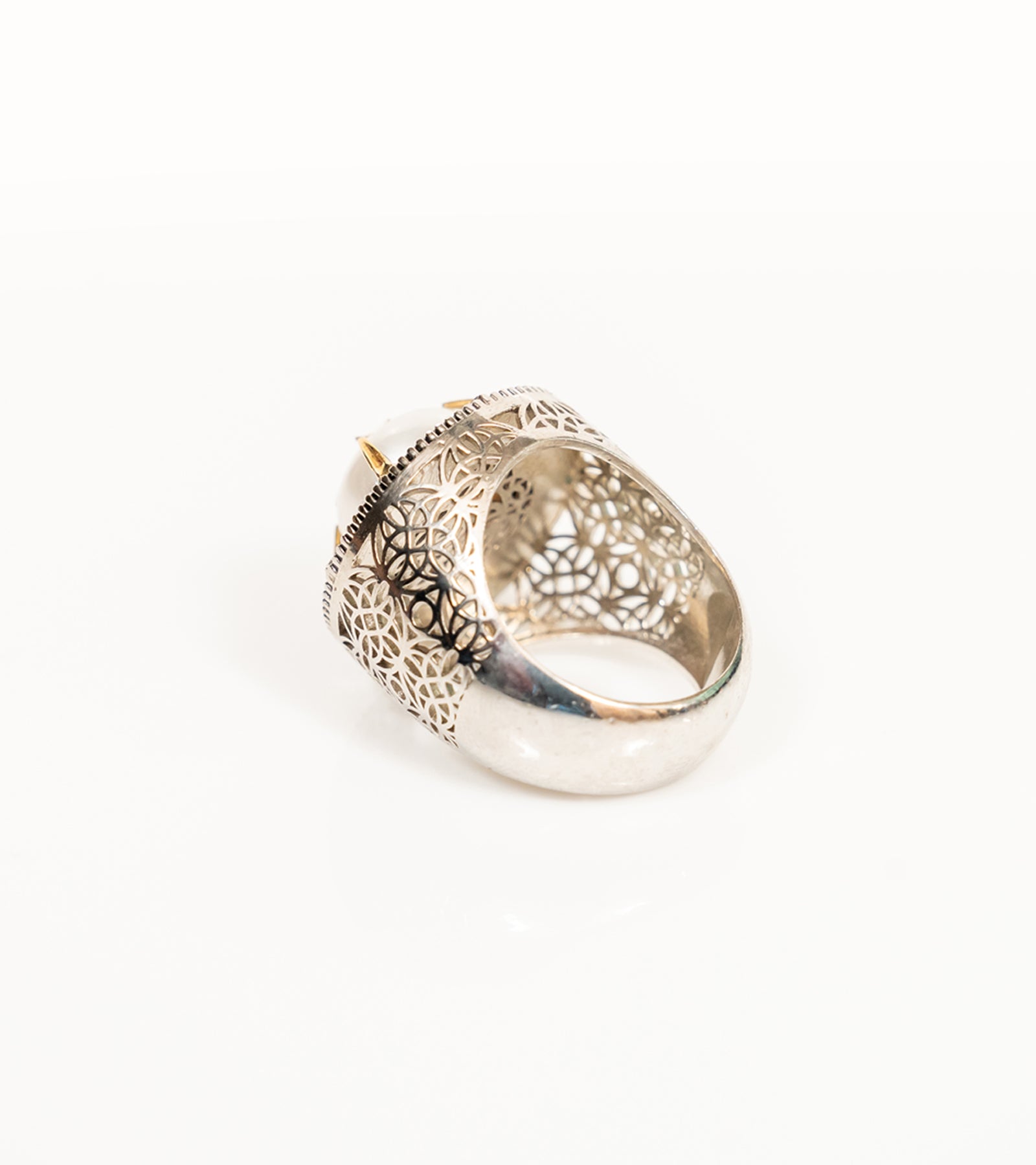 Back view of the Shakuntala Ring showing the sterling silver setting and gold detailing behind the pearl