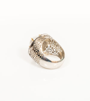 Back view of the Shakuntala Ring showing the sterling silver setting and gold detailing behind the pearl