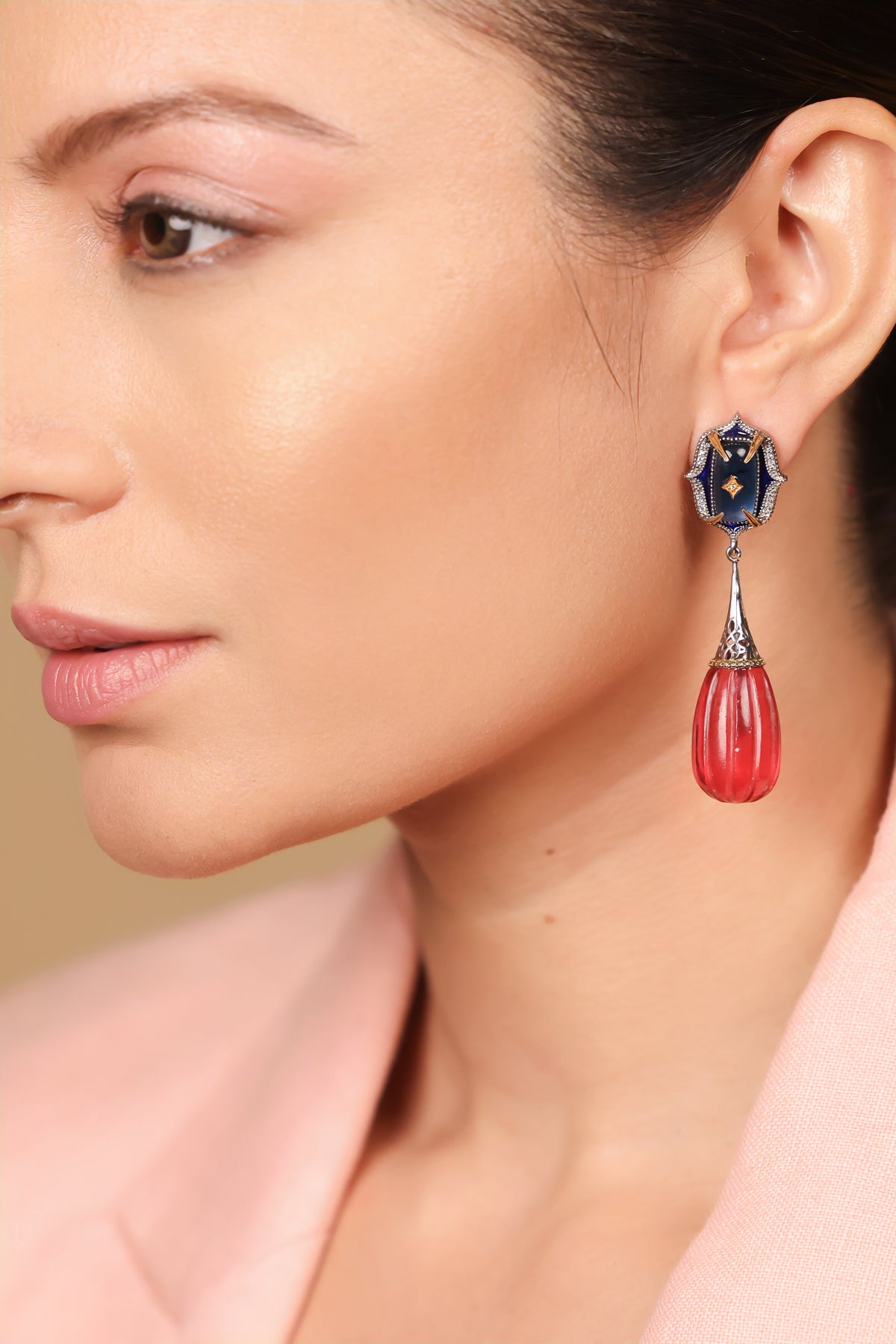 Close-up of the kyanite and tourmaline detailing on the Sur Earrings