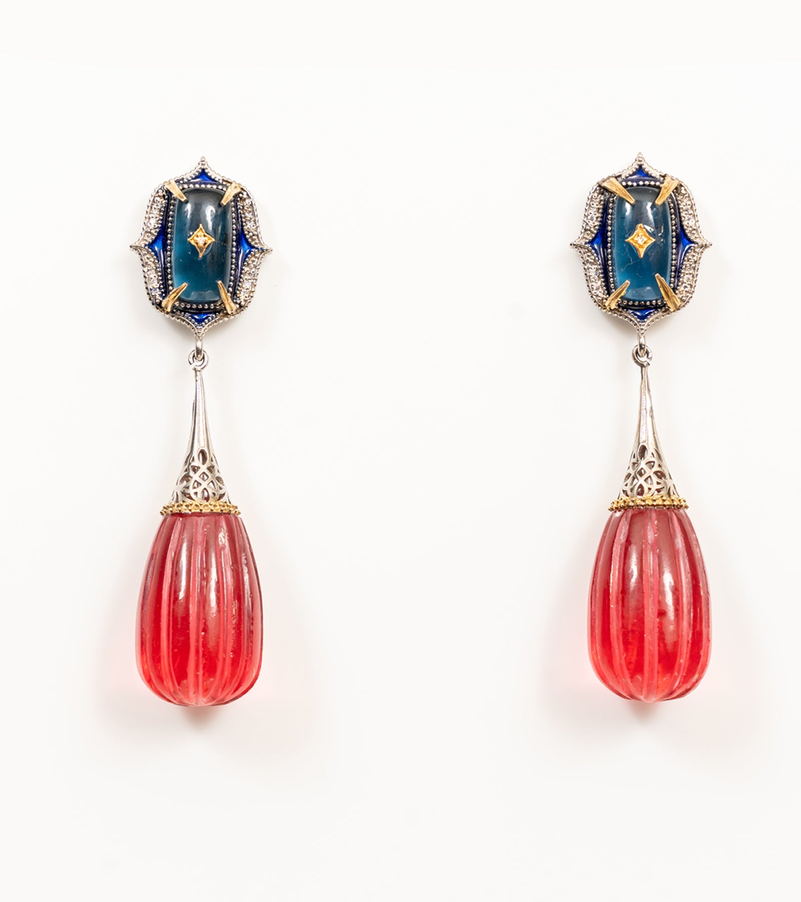 Sur Earrings from the Sitara Collection in silver with 18K gold, kyanite and Manifé Tourmaline, blue hand-painted enamel