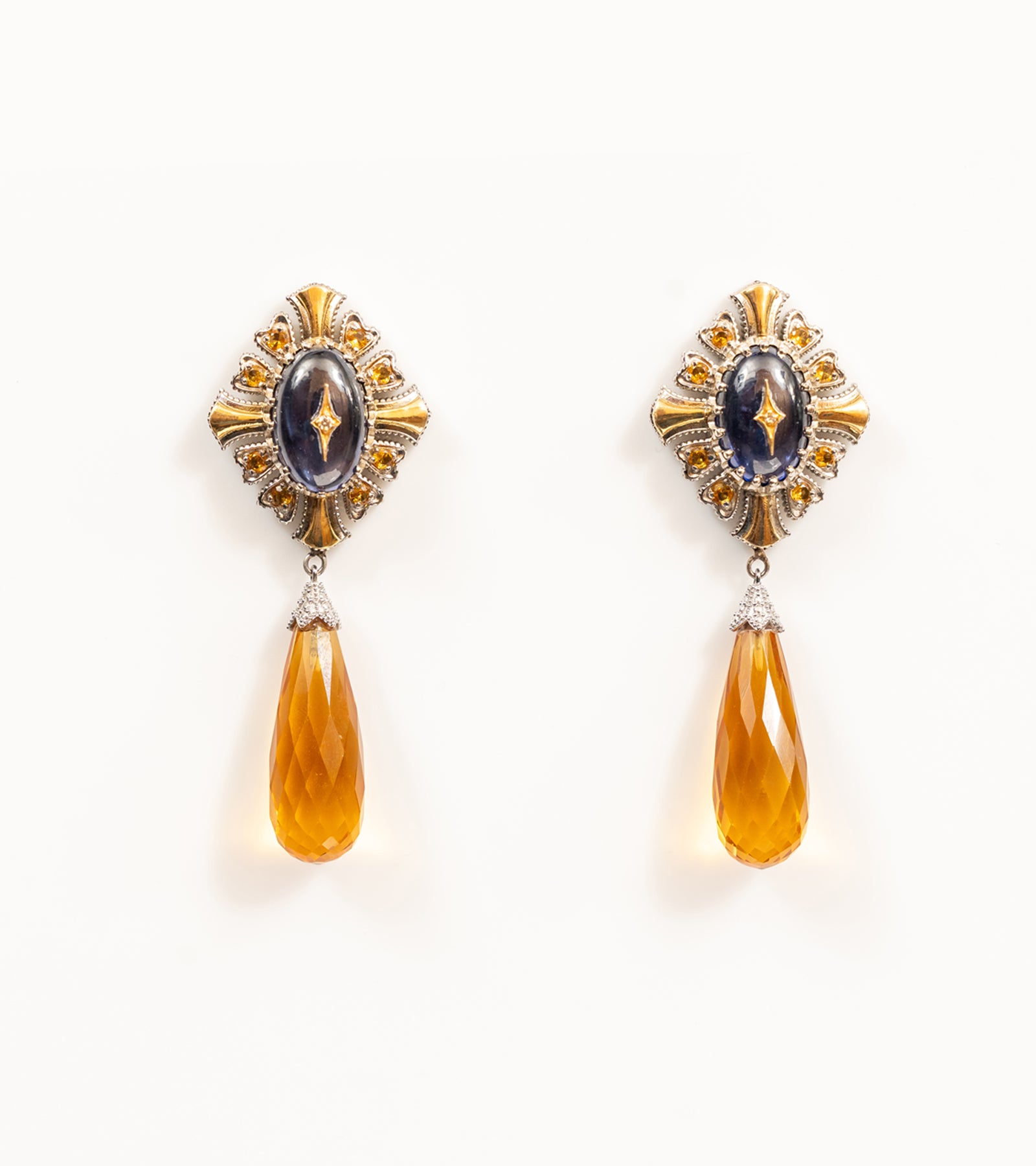 Virja Earrings with kyanite and topaz detailing and blue hand-painted enamel work, from the Shashikala collection by UBAA