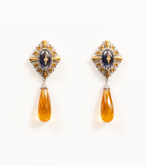 Virja Earrings with kyanite and topaz detailing and blue hand-painted enamel work, from the Shashikala collection by UBAA