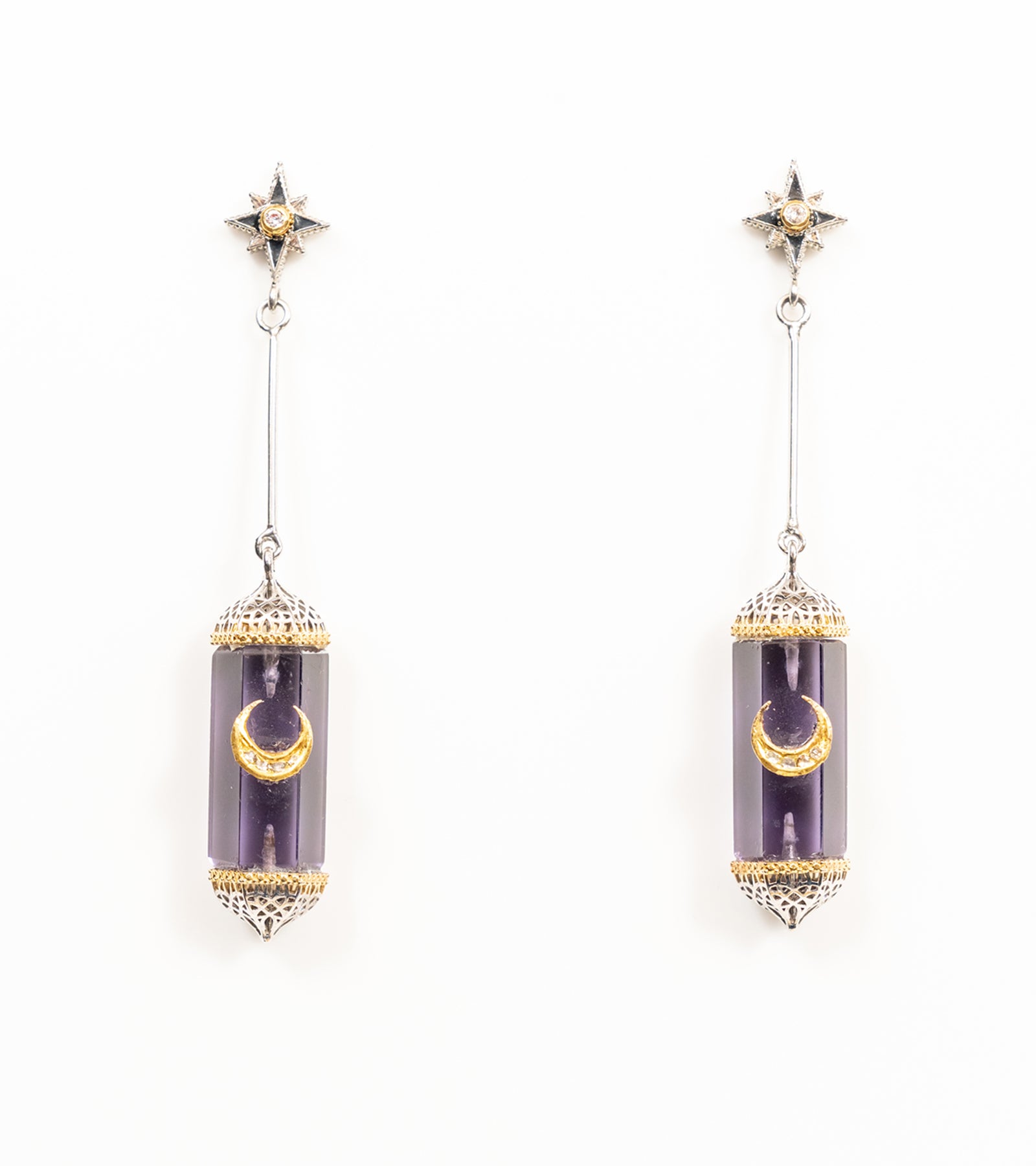 Zaranj Danglers in silver with 18K and 22K gold, featuring Manifé Amethyst, Polki diamonds, and black hand-painted enamel
