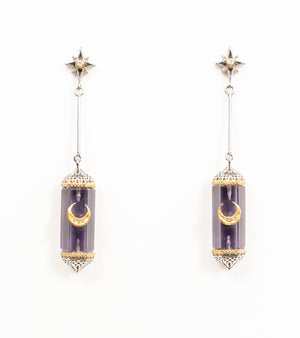 Zaranj Danglers in silver with 18K and 22K gold, featuring Manifé Amethyst, Polki diamonds, and black hand-painted enamel