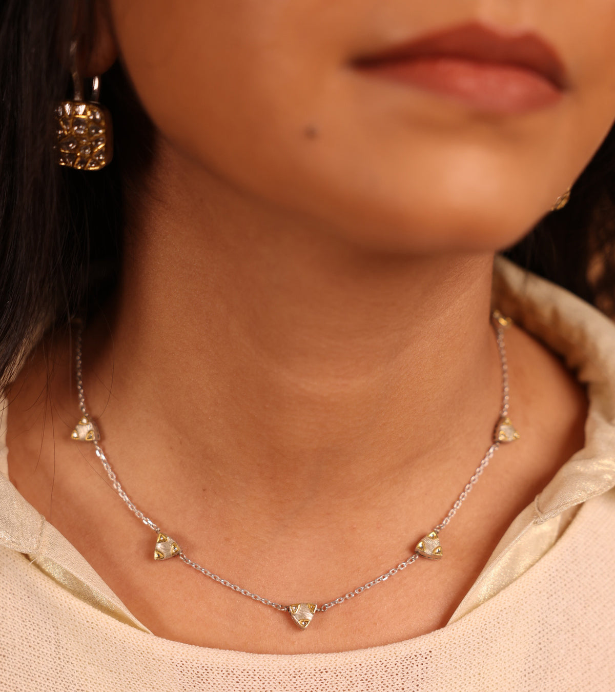 Zee Necklace with trillion-shaped Polki charms in 22K Kundan gold on an alternating silver chain
