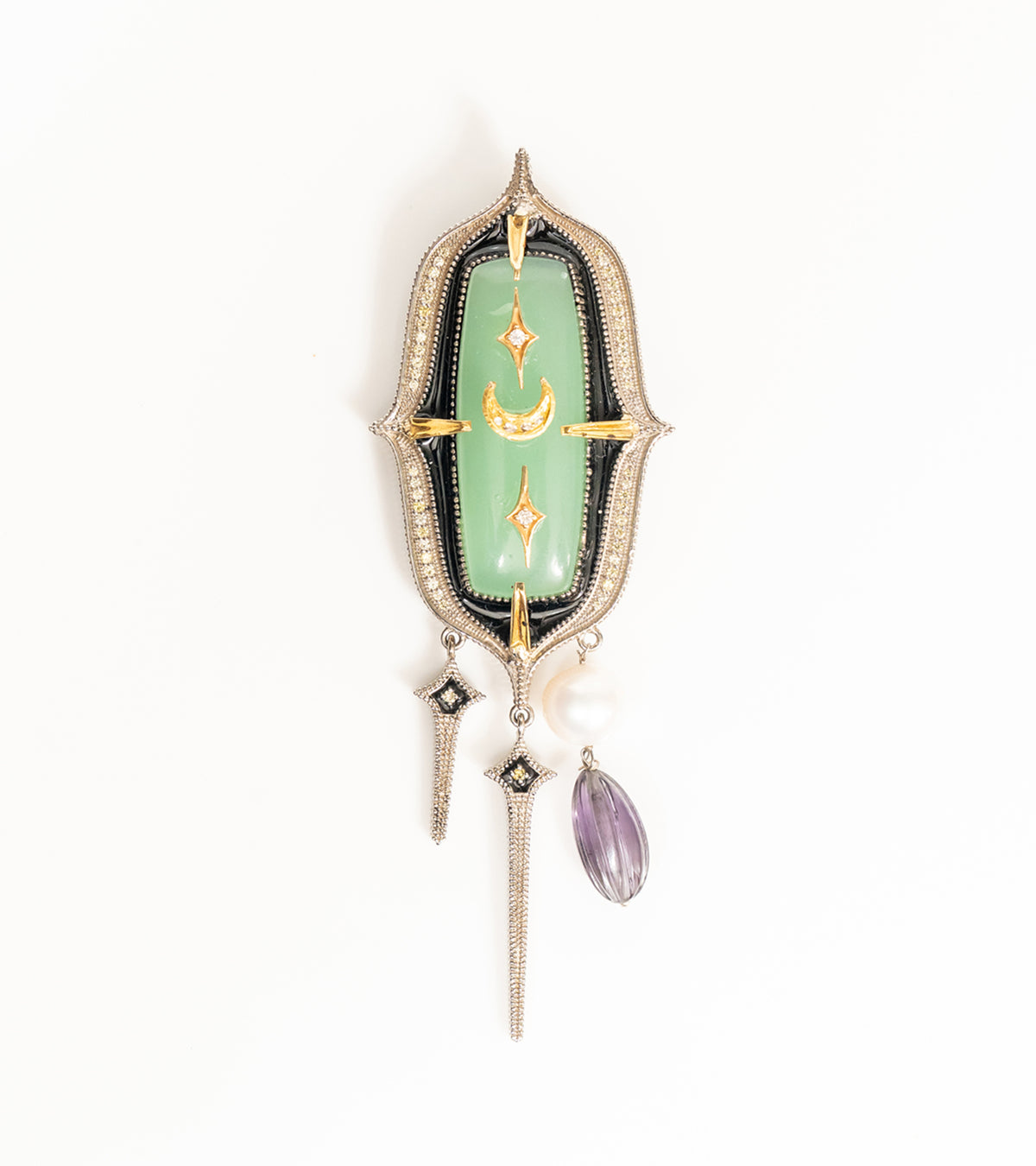 Zel Brooch in 22K Kundan and 18K gold on a sculpted silver base, set with FG VS diamonds, aqua onyx, amethyst crystal, and a South Sea pearl
