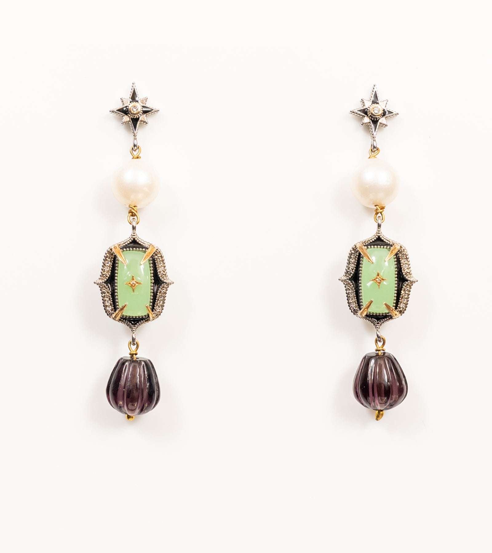 Zen Earrings with aqua onyx and amethyst crystal paired with South Sea pearls, silver with 18K gold accents, hand-painted black enamel
