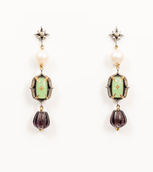 Zen Earrings with aqua onyx and amethyst crystal paired with South Sea pearls, silver with 18K gold accents, hand-painted black enamel