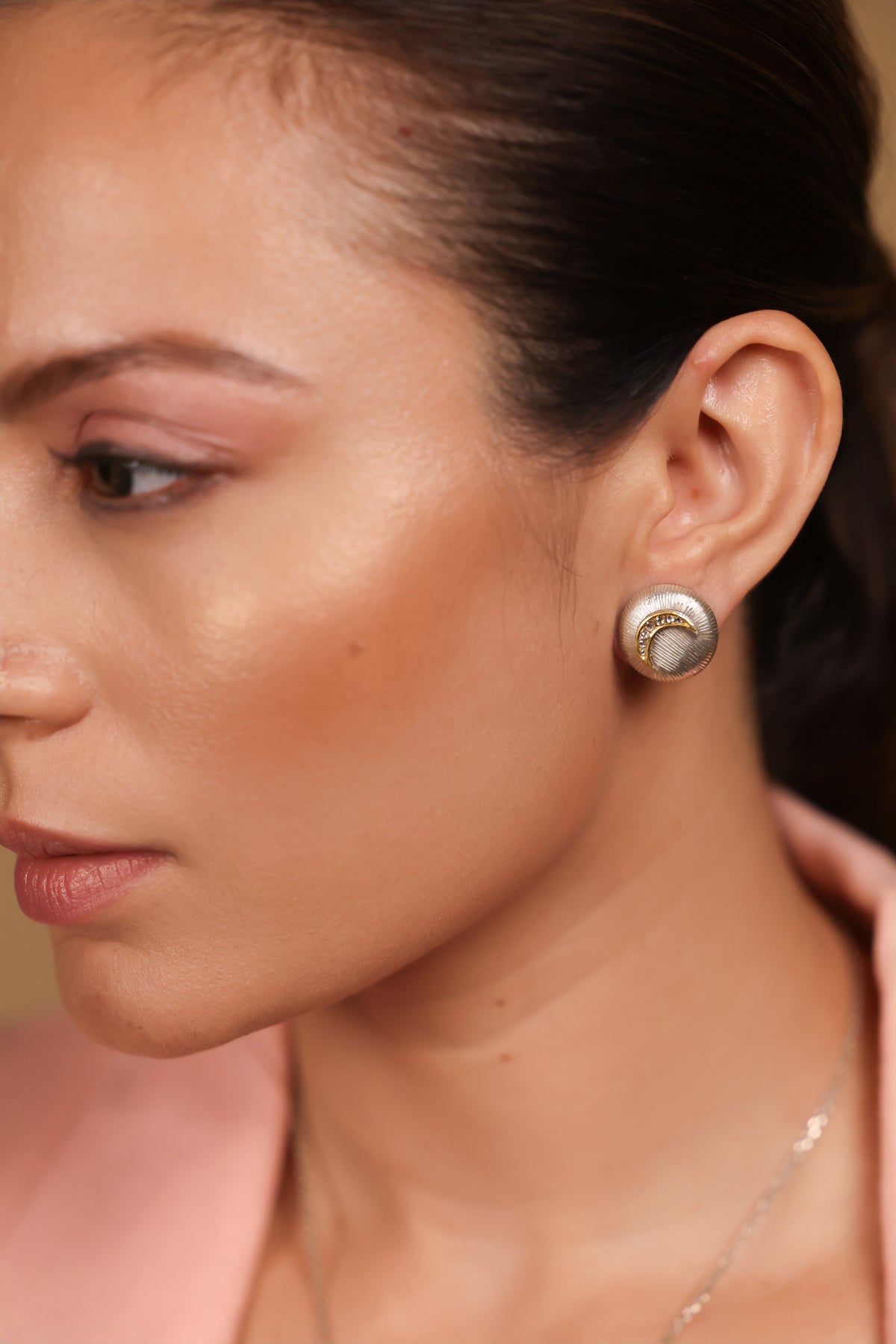 Close-up of the crescent moon form and Polki diamond detailing on the Ziv Studs