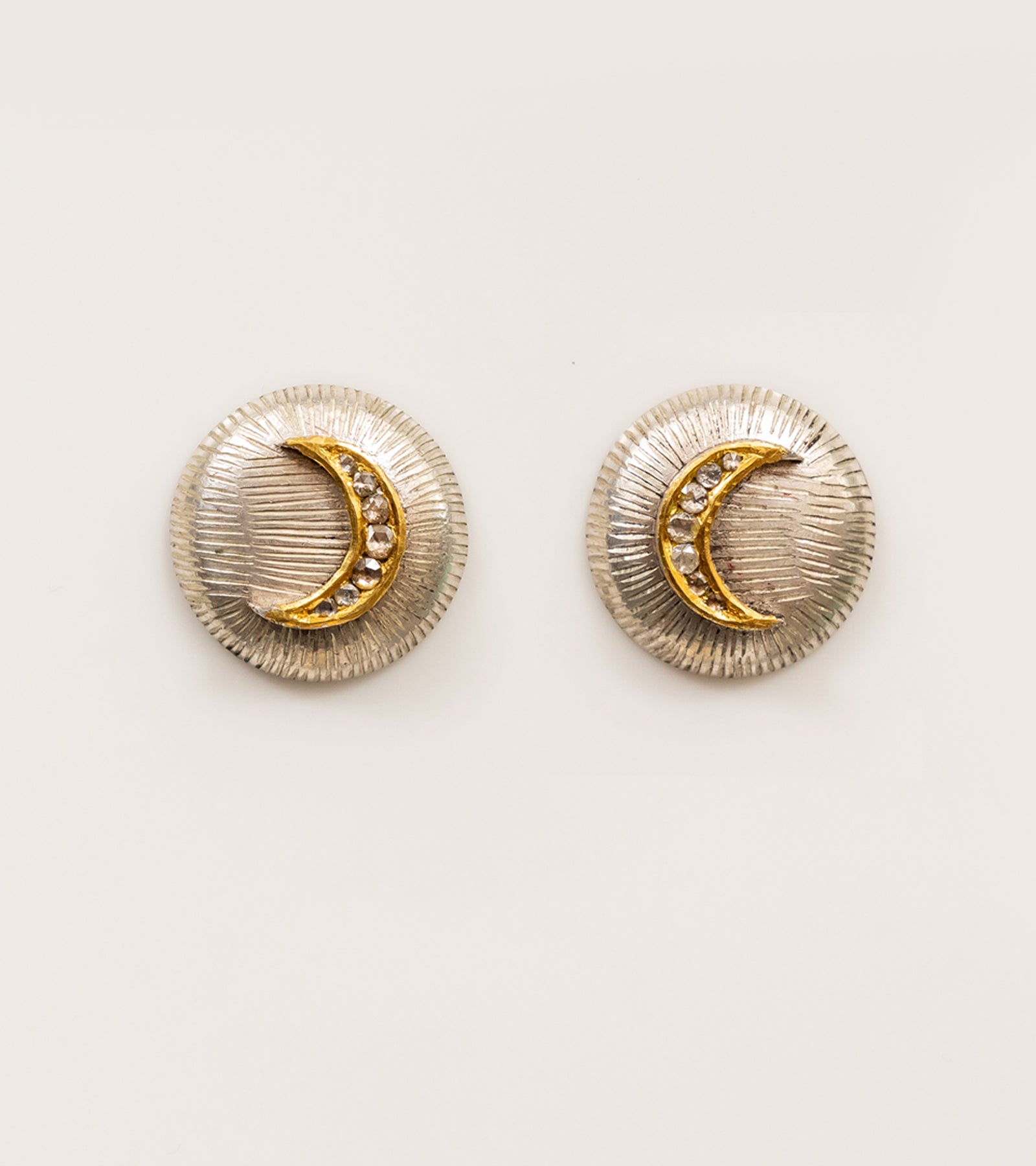 Ziv Studs in a crescent moon silhouette featuring natural Polki diamonds set in sterling silver with fine 22K gold accents