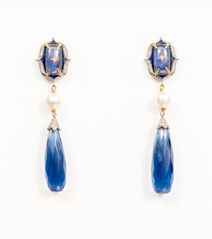 Ziva Earrings with handcrafted kyanite crystal drops paired with cultured pearls, natural diamonds, and 18K gold accents