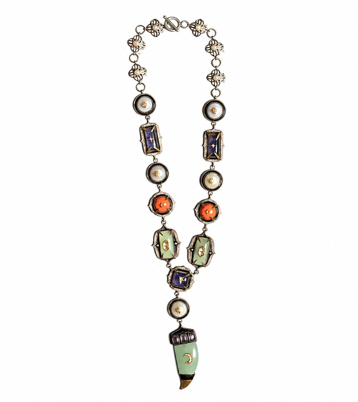 Detail of the crafted coral and button pearls on the Zuri Necklace