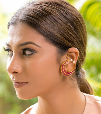 Ruby Studded Chand Ear cuffs in Gold-Festive Jewelry