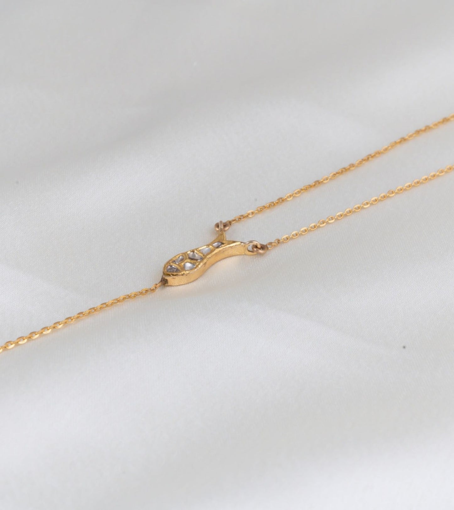 The Fish Polki Necklace with Crystal Dangler in Gold