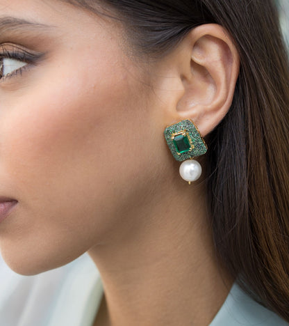 Emerald Rectangle Earrings with Detachable South Sea Pearl in Gold-Esmeé by UNCUT