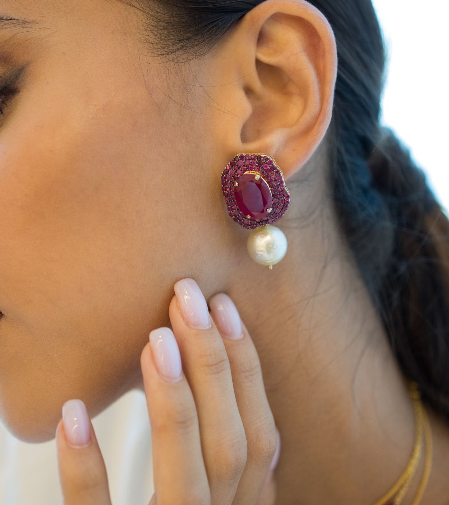 Ruby Classic Earrings with detachable South Sea Pearl Drop in Gold-Esmeé by UNCUT