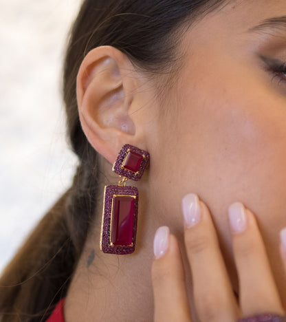 Ruby Rectangle Danglers in Gold- Esmeé by UNCUT