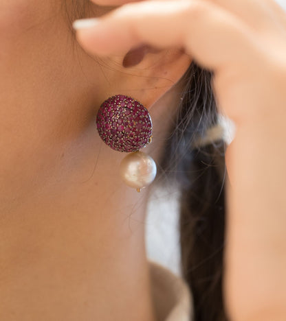 Ruby Dome Earrings with Detachable South Sea Pearl Drop in Gold-Esmeé by UNCUT