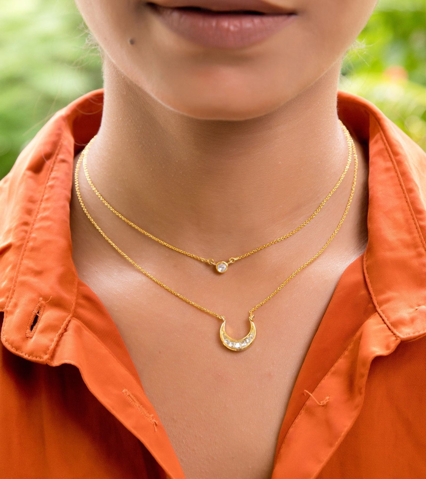 The Crescent & Round Polki two Layered Necklace in Gold