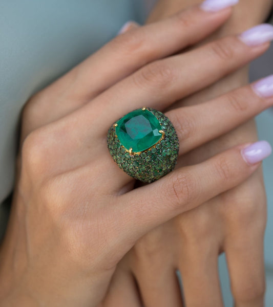 Emerald Cusshion Cut Stone Cocktail Ring in Gold-Esmeé by UNCUT