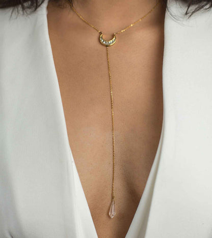 The Crescent Polki Necklace with Crystal dangler in Gold